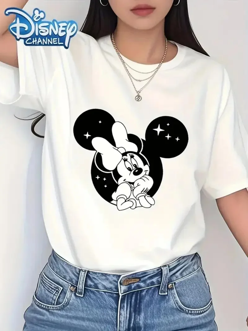 

2025 Disney Pattern Printed Women's Casual Comfortable Unique Smiling Face Black Round Neck Short Sleeve T-shirt