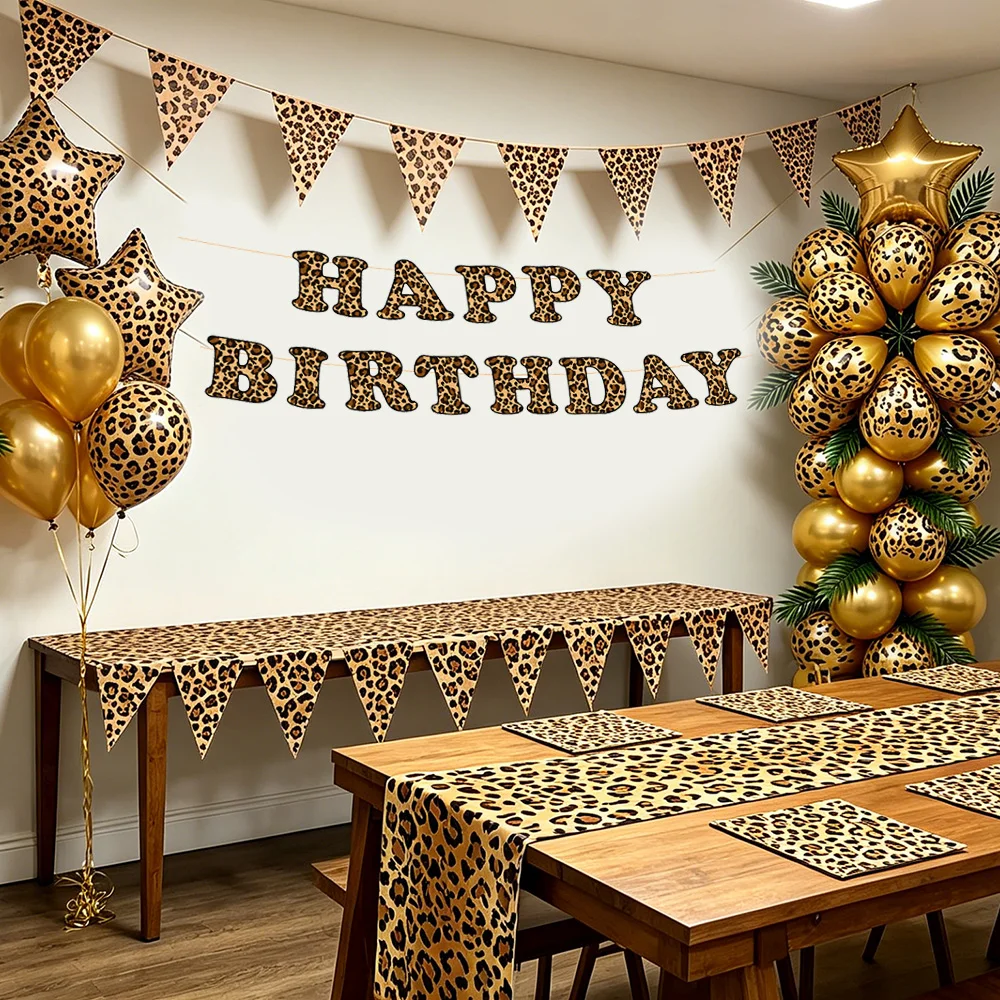 Decoraciones para Fiestas con Estampado de Animales Salvajes, Pancarta con Estampado de Leopardo, Camino de Mesa, Banderas, Servilletas para Fiestas de Cumpleaños con Temática de Safari