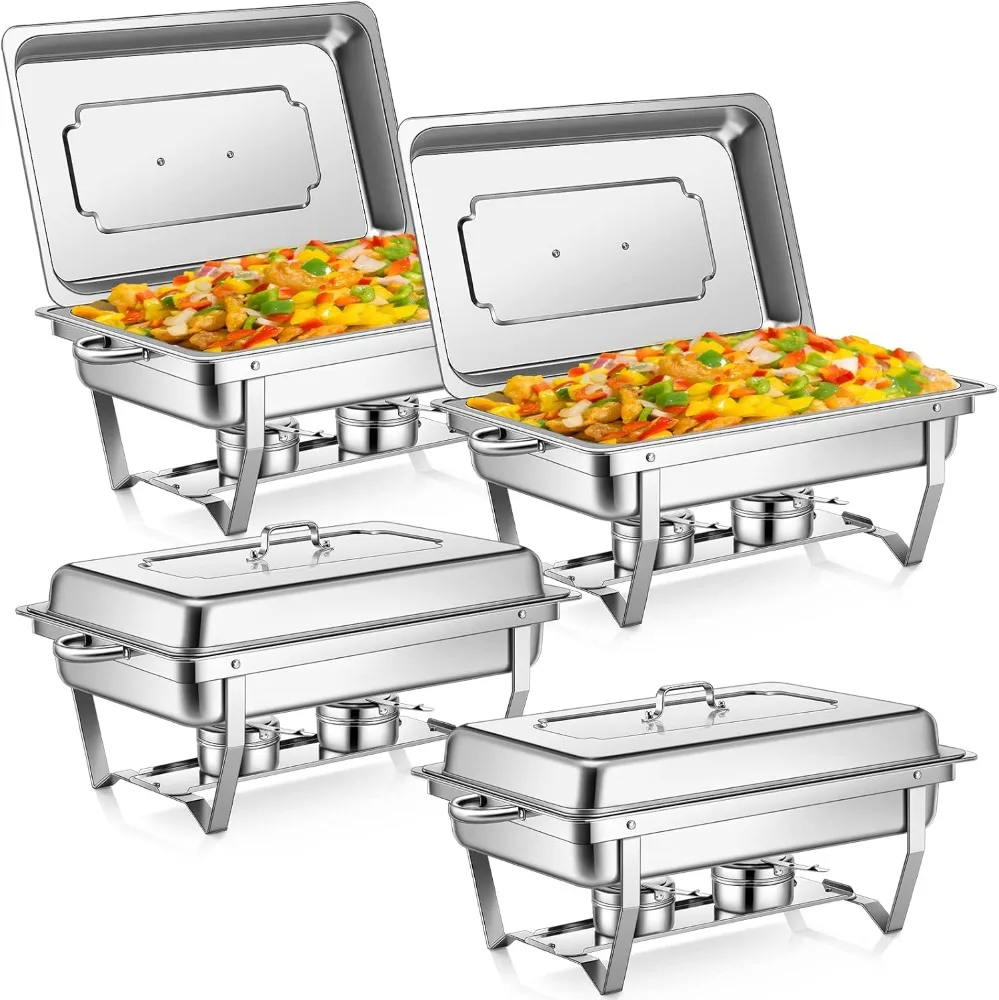 

4 Pack Full Size Stainless Steel Chafing Dishes 8 Quart Chafing Dish Buffet Set Silver Rectangular Catering Chafer Warmer