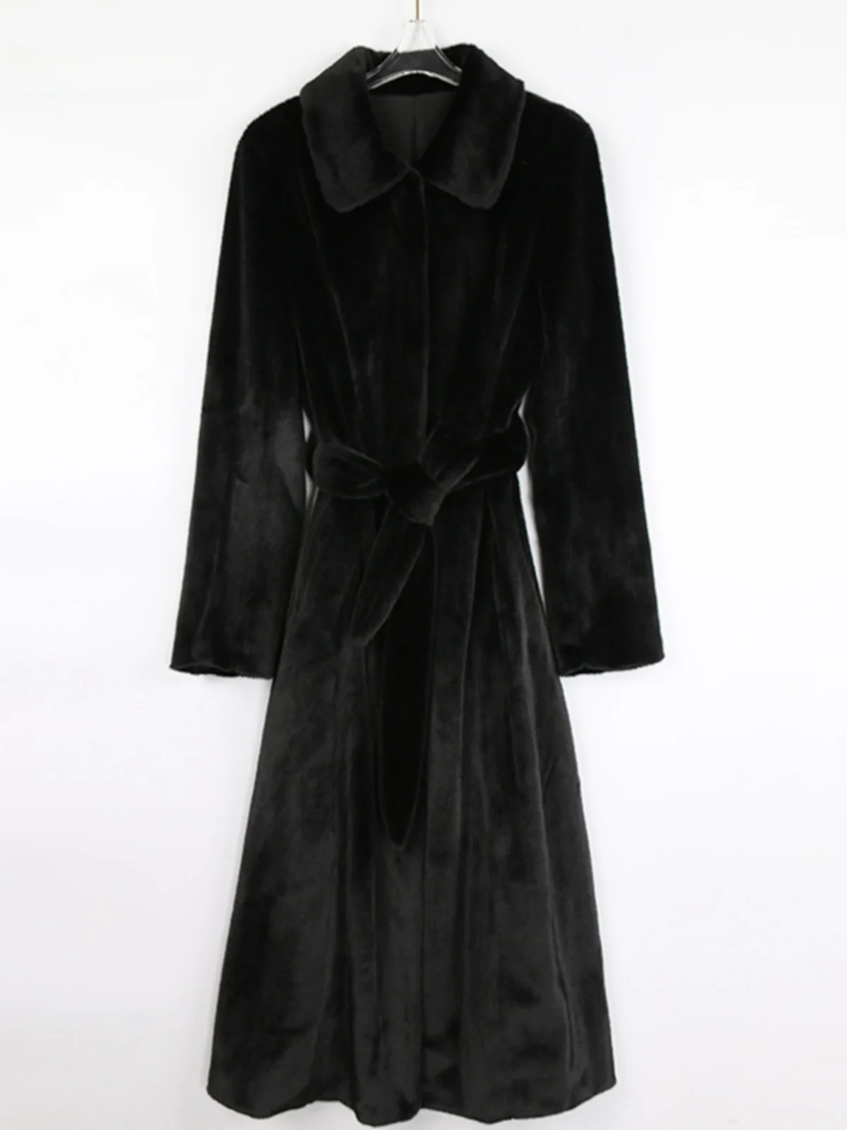 

Женское длинное пальто Nerazzurri из искусственного кроличьего меха с эффектом утяжки талии, длинными рукавами и воротником, плюшевая верхняя одежда с эффектом похудения