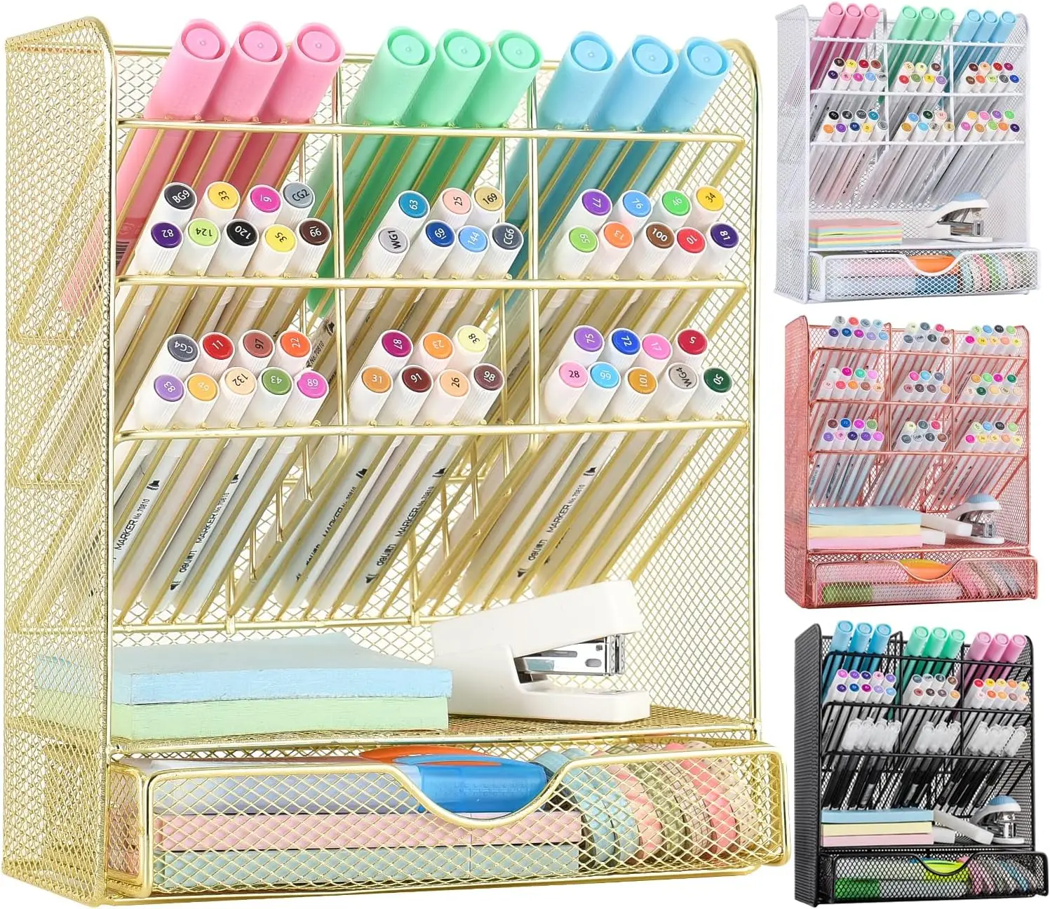 

Настольный органайзер из сетки с выдвижным ящиком для карандашей и художественных принадлежностей - золотистый держатель для школы и дома