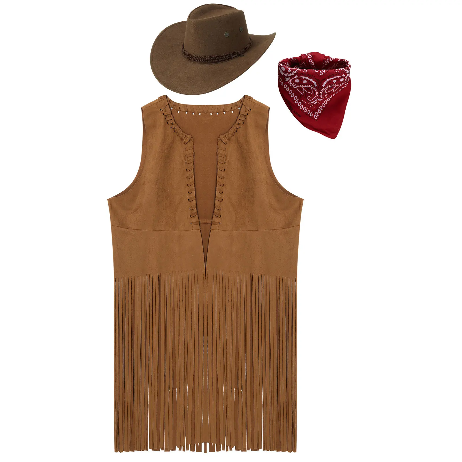 Mens Wild West Cosplay Cowboy Costume Halloween Cardigan Hippie Dress Up Waistcoat Fringe Sleeveless Vest+Bandanna Hat Set