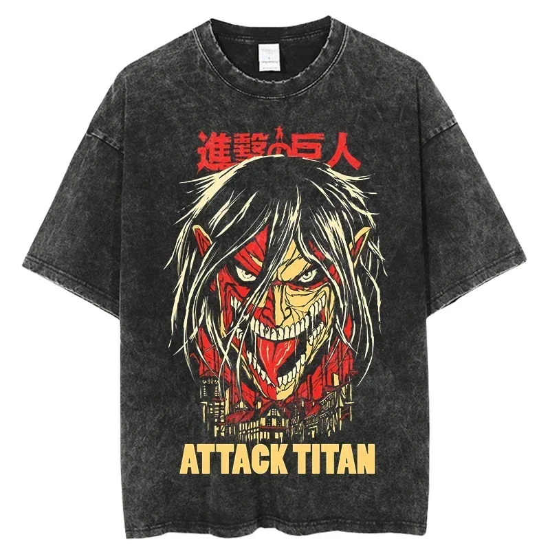 2026 New Anime Attack on Titan High Quality T-Shirt Men and Women Cotton Vintage Washed Print Retro Streetwear Fitness Tops