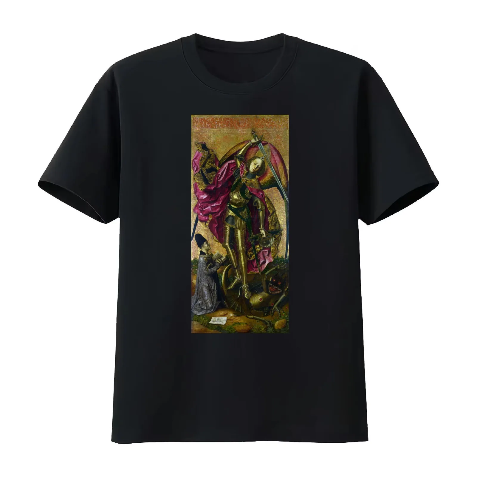 Saint Michael defeats the devil Bartolomé Bermejo T-Shirt Summer Casual Cotton Tee Oversized Streetwear Tops Unisex Men Women