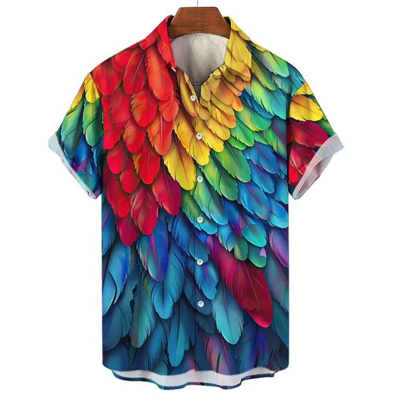 Colorful Feather 3d Printed Shirt For Men's Clothing Personality Street Lapel Shirts Tops Casual Fashion Single Breasted Blouse