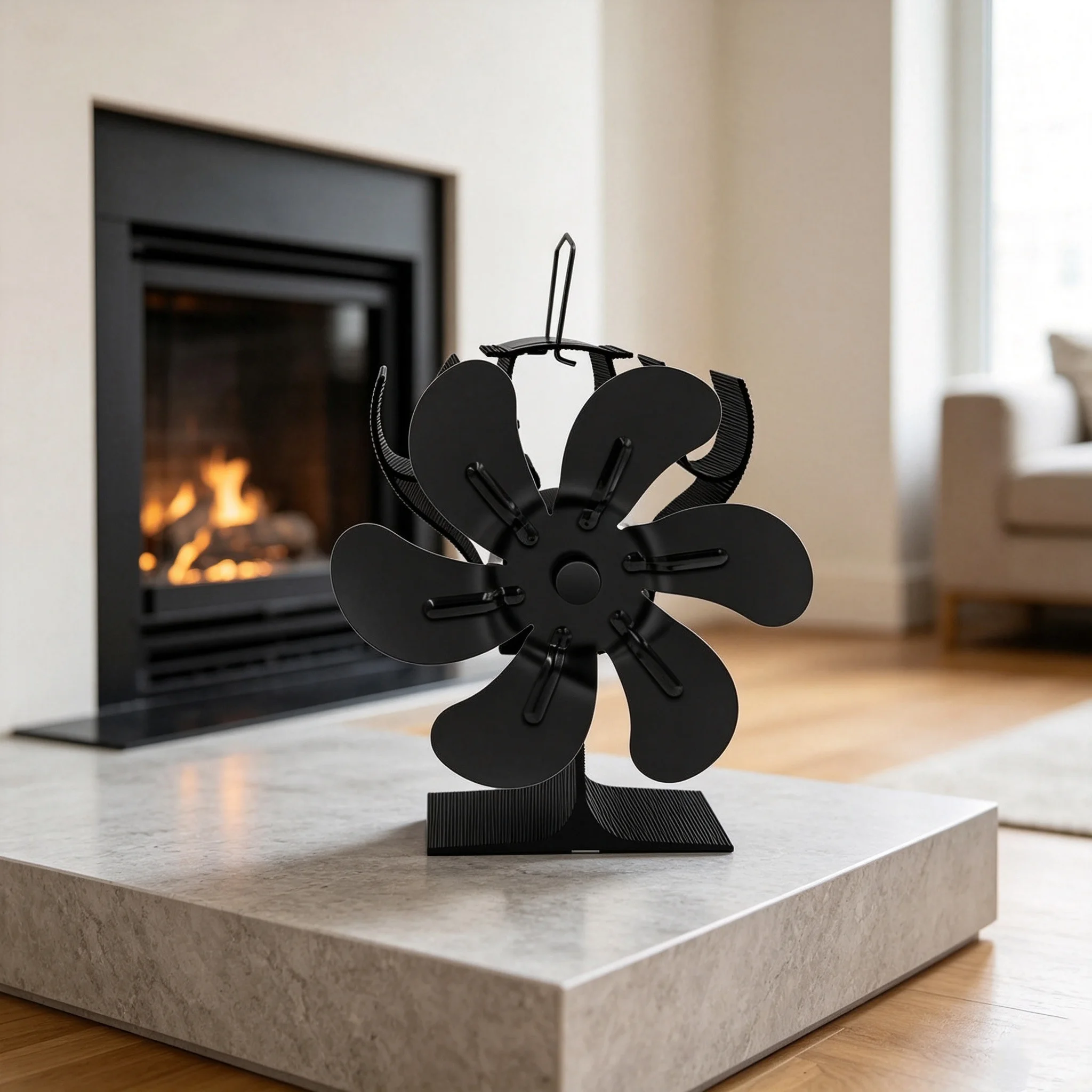 Black 6 Blades Heat Powered Stove Fan for Log Wood Burner Fireplace Efficient Heat Distribution Eco Quiet Winter Warmer Home