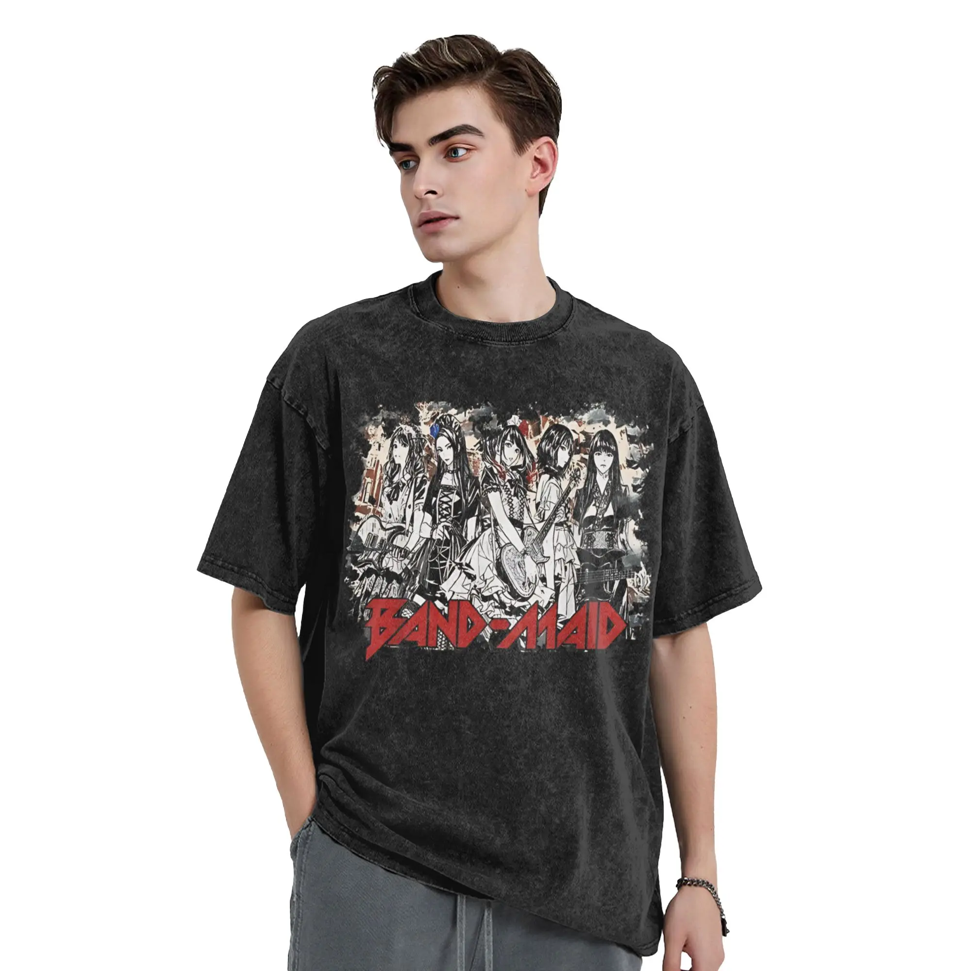 Girls Attack Band Maid T Shirt Hip Hop Washed Cotton Street T-Shirts  Retro for Men Women Tops Streetwear Graphic Printed Tees