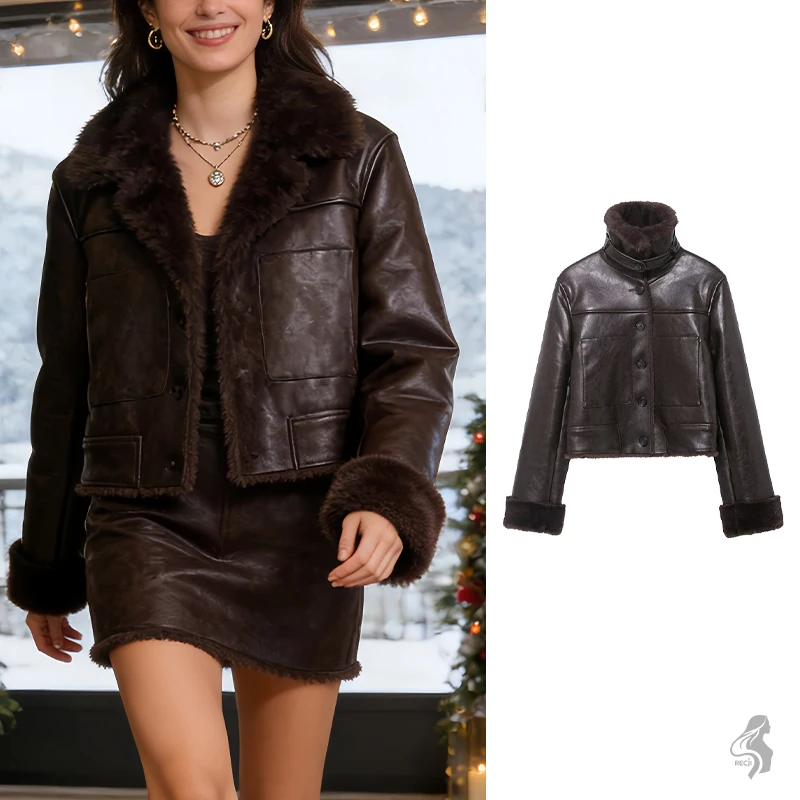 

Light Luxury Vintage Leather Short Jacket For Women With High Plush Collar Autumn And Winter Commuter Jacket Women Winter Coats