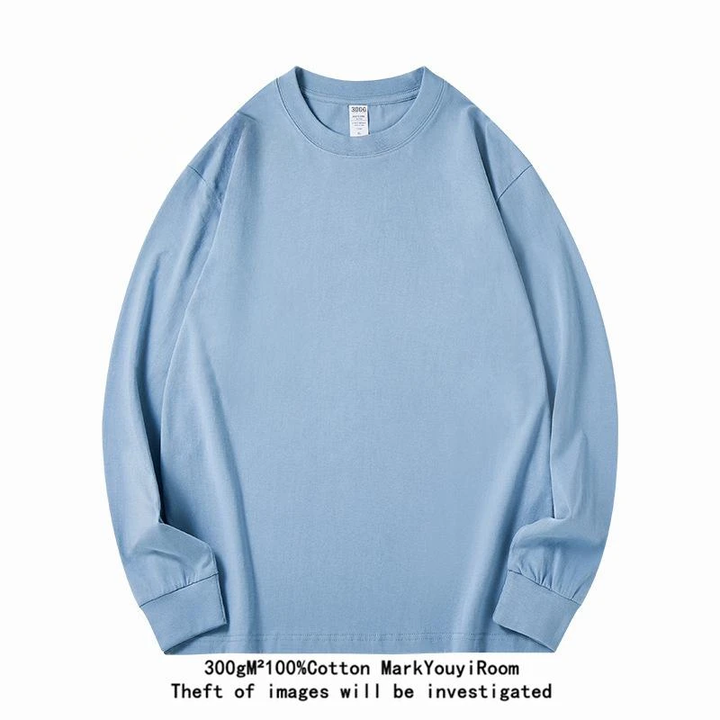 300G Heavy-duty Long-sleeved T-shirt Autumn Men's Pure Cotton Round Neck Pure White American Loose Bottoming Shirt Women image 6