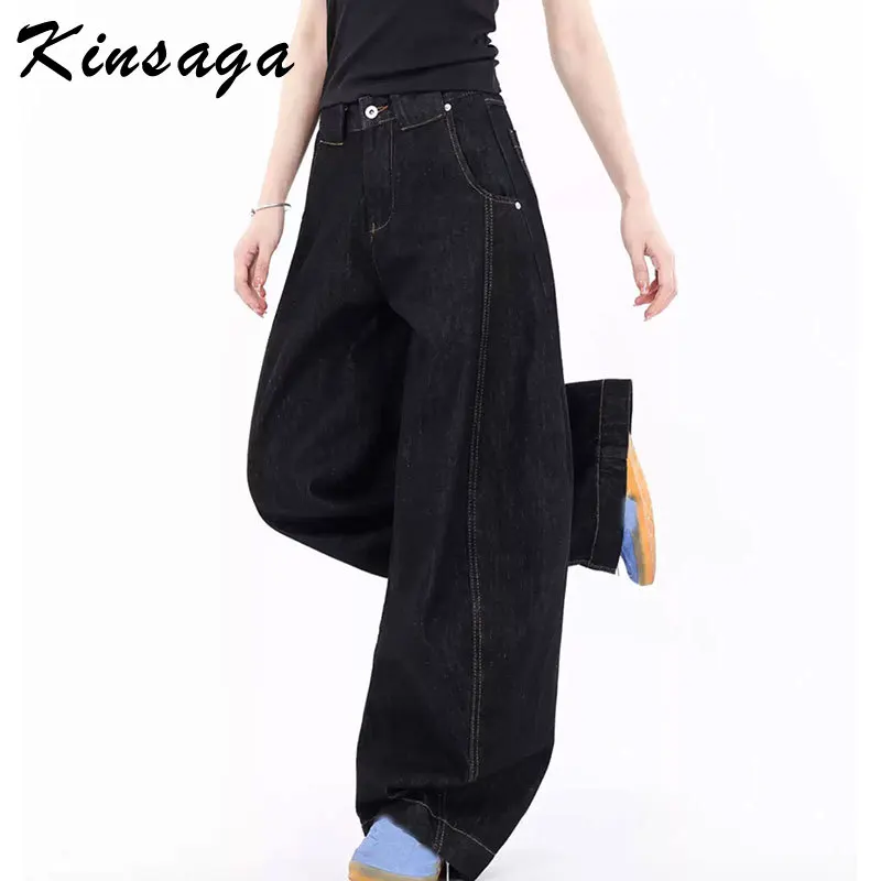 Women American Trendy Brand Cleanfit Barrel Leg Jean Y2K Girls Streetwear Black Wide Leg Twist Banana Jeans Baggy Trousers