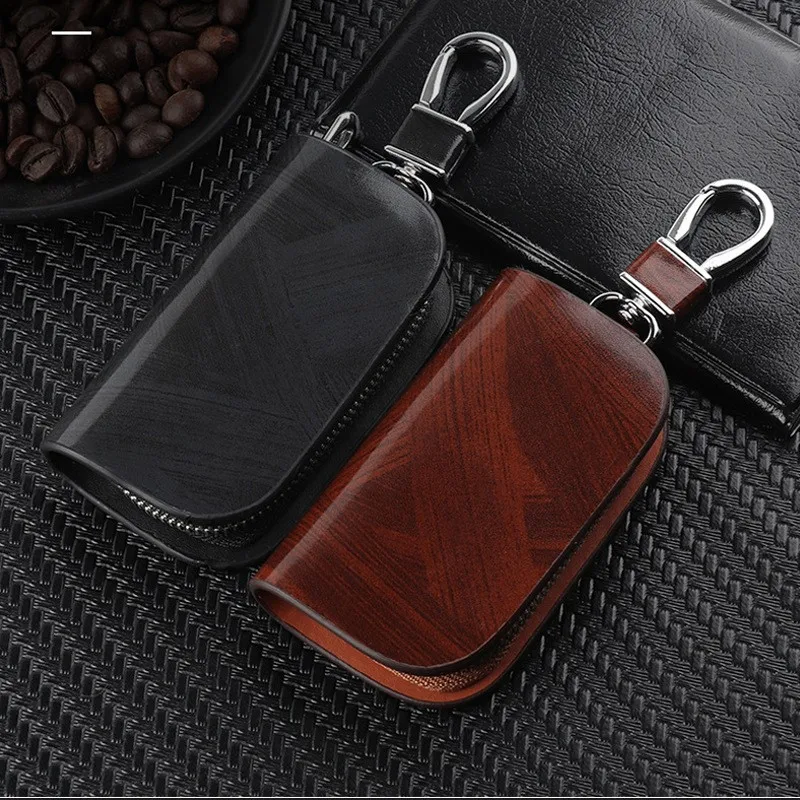 Fashion Car Keys' Bag Zipper wood grain Leather Housing Anti scratch Cover Protector high-capacity Men Key Chain Key Case