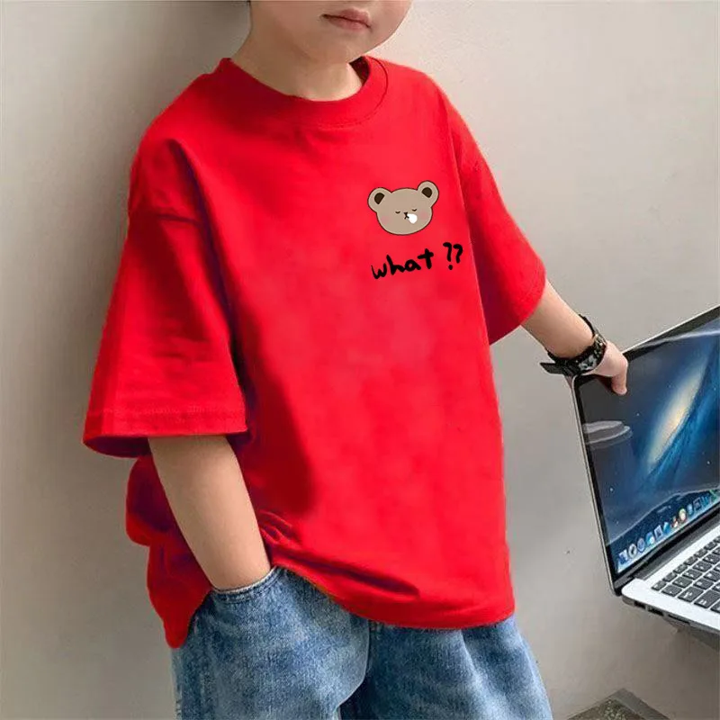 

Boys' Round-neck, Simple Bear-head Printed T-shirt, and Middle-aged Children's Half-sleeve Casual Summer Top