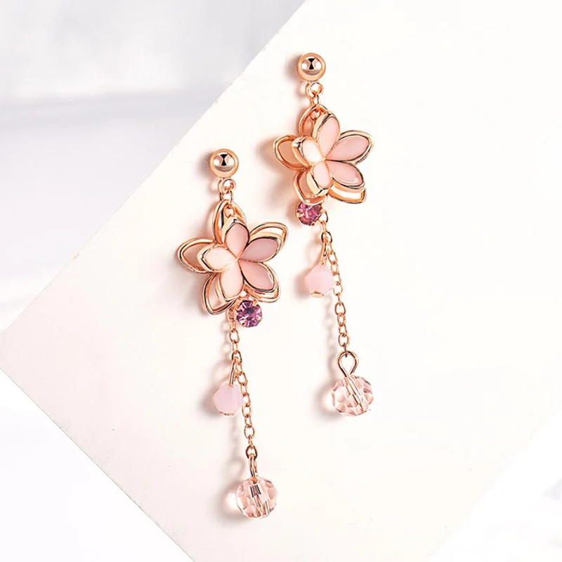 Super Fairy Pink Flower Tassel Earrings Retro and High-end Earring For Female Sweet Temperament Ear Clip Without Ear Hole KOFSAC