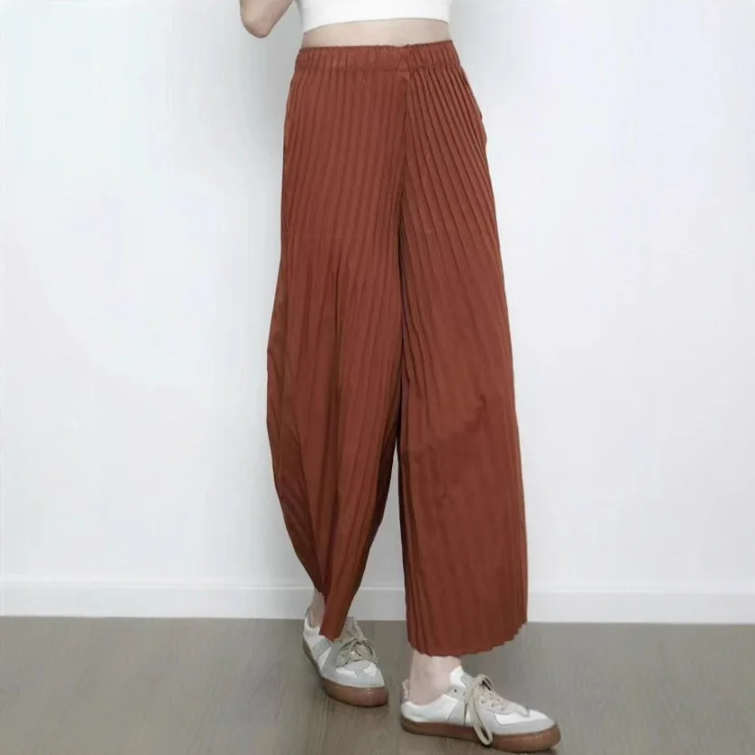 مياكي مطوي 2026 السراويل مستقيم فضفاض عالية الخصر سراويل تقليدية بسيطة تنوعا ركاب جديد واسعة أرجل السراويل الإناث نماذج #4
