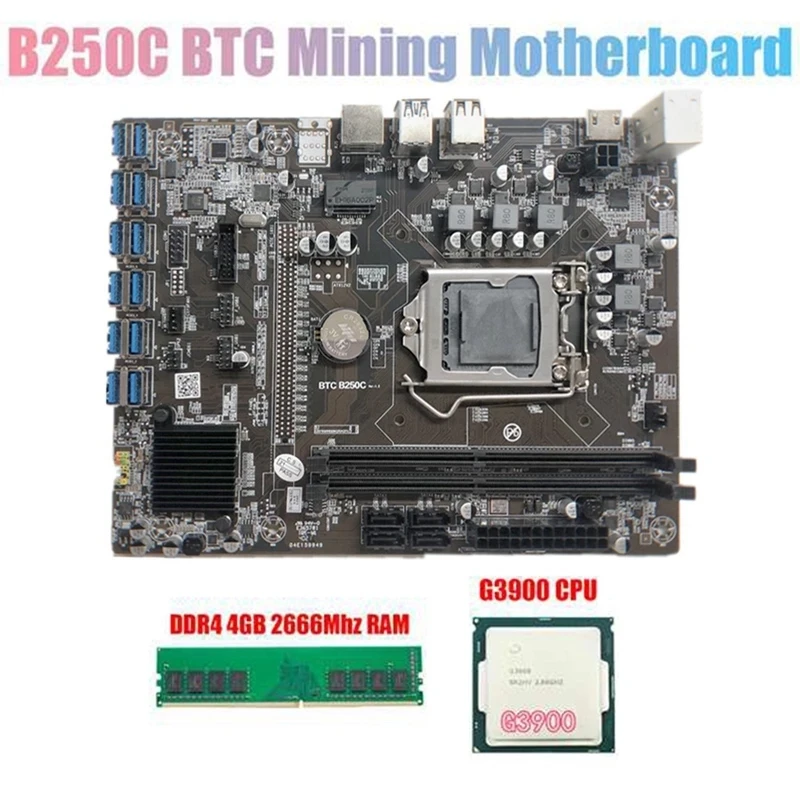 

b250 btc B250C BTC Miner Motherboard with G3900 CPU+DDR4 4GB 2666MHZ RAM 12XPCIE to USB3.0 Card Slot LGA1151 for BTC Mining