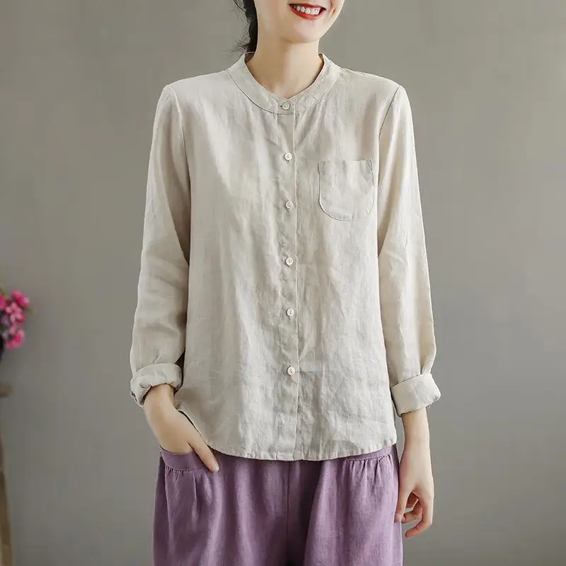

Women's Long Sleeve Cotton Linen Shirt Vintage Artistic Casual Slimming Stand Collar Top Fashionable Autumn Wear Pure Color