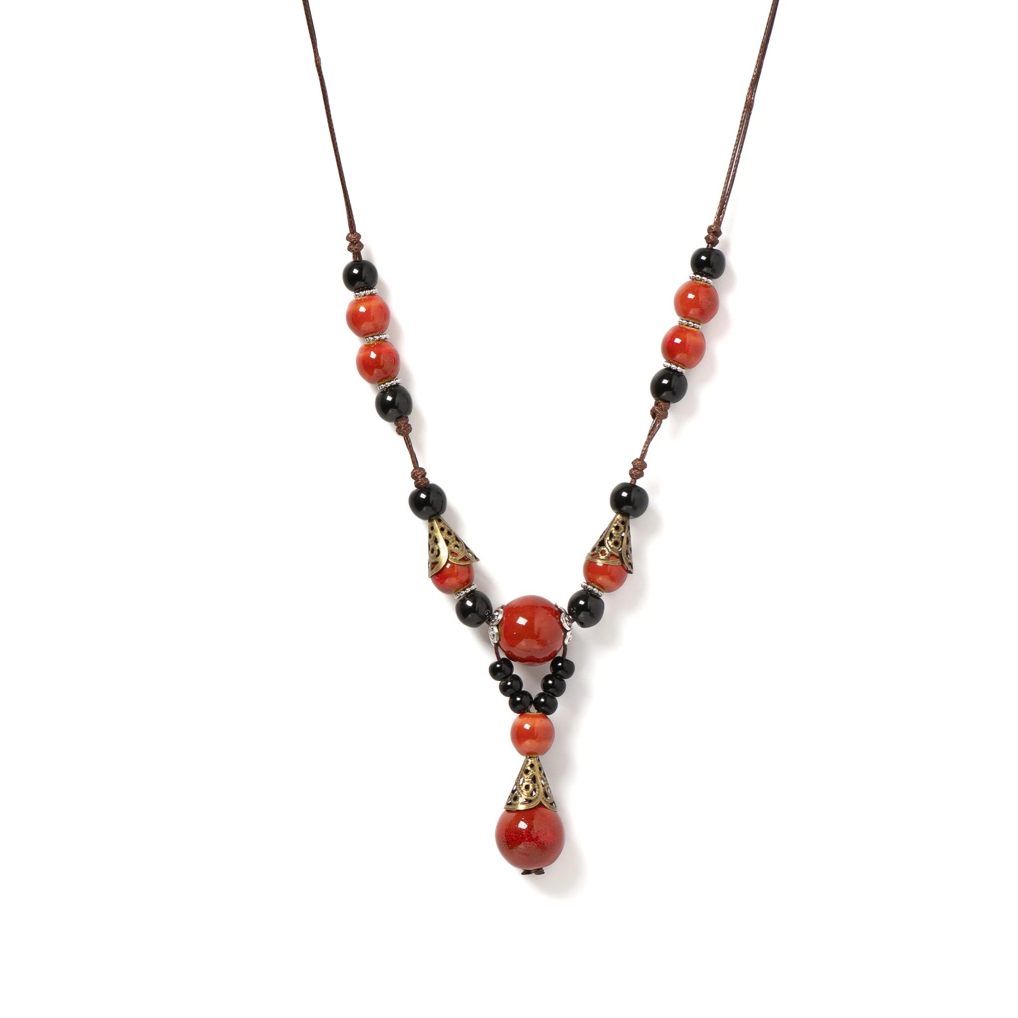 Collar con colgante de cerámica de bola roja hecho a mano, joyería bohemia vintage, cordón ajustable, 1 pieza S 001166