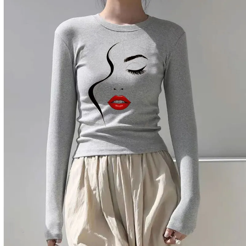 Women's T-Shirt Abstract Face Line Art Graphic Print O Neck Long Sleeve Shirt Women Autumn Casual Basic Woman T Shirts