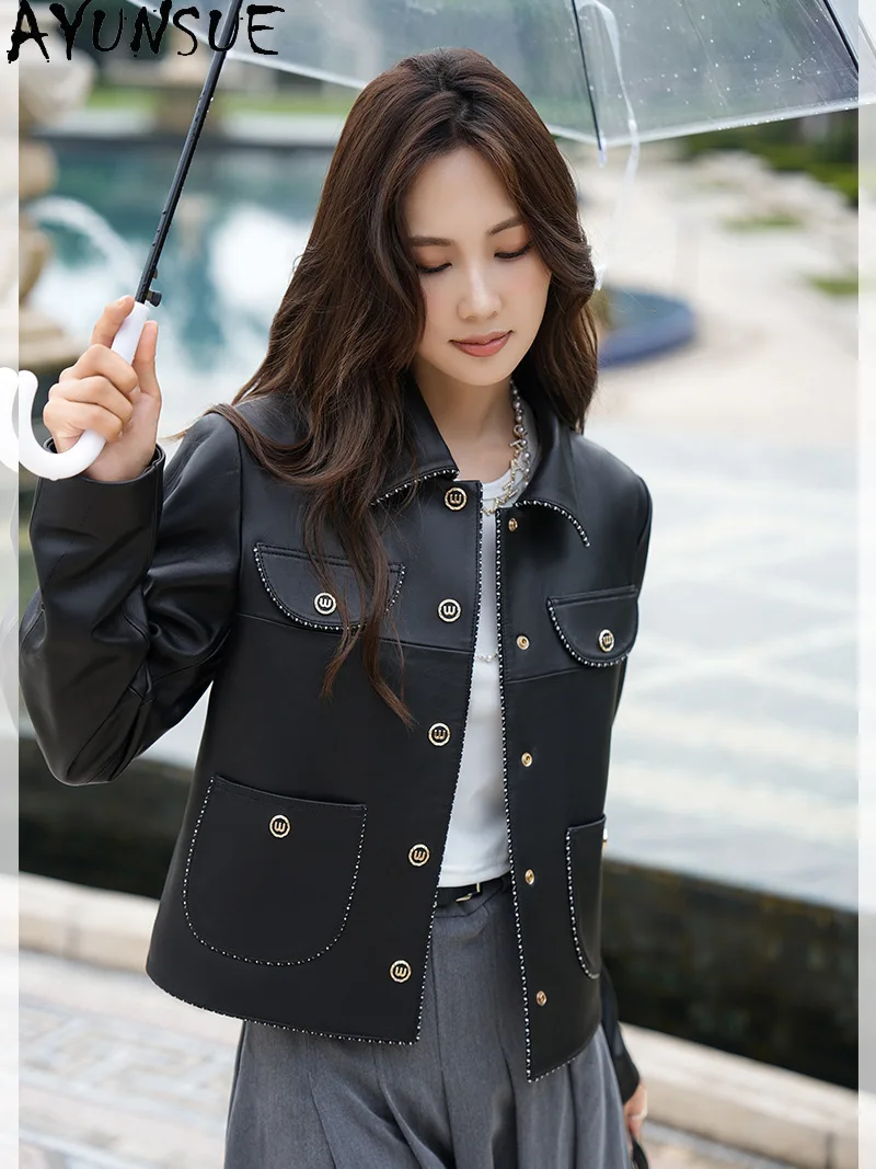 AYUNSUE Genuine Leather Jacket Women 2023 New Fashion Short Leather Jackets Real Sheepskin Coat Square Collar Casaco Feminino