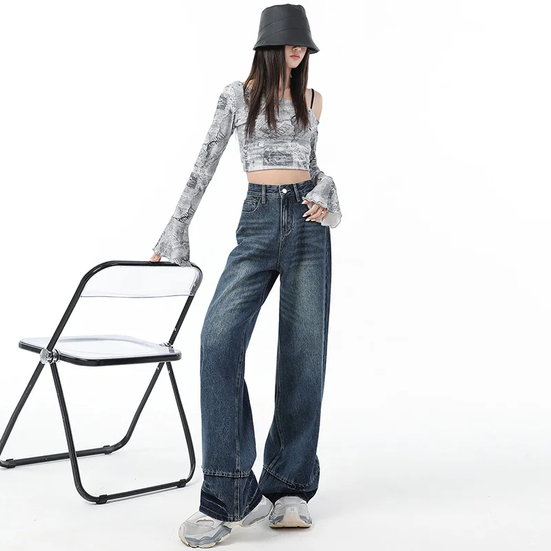 

Womens Straight Jeans Loose High Waist Leisure Slimming Denim Petite Blue Elastic Micro Flare Shaping Smooth Silhouette