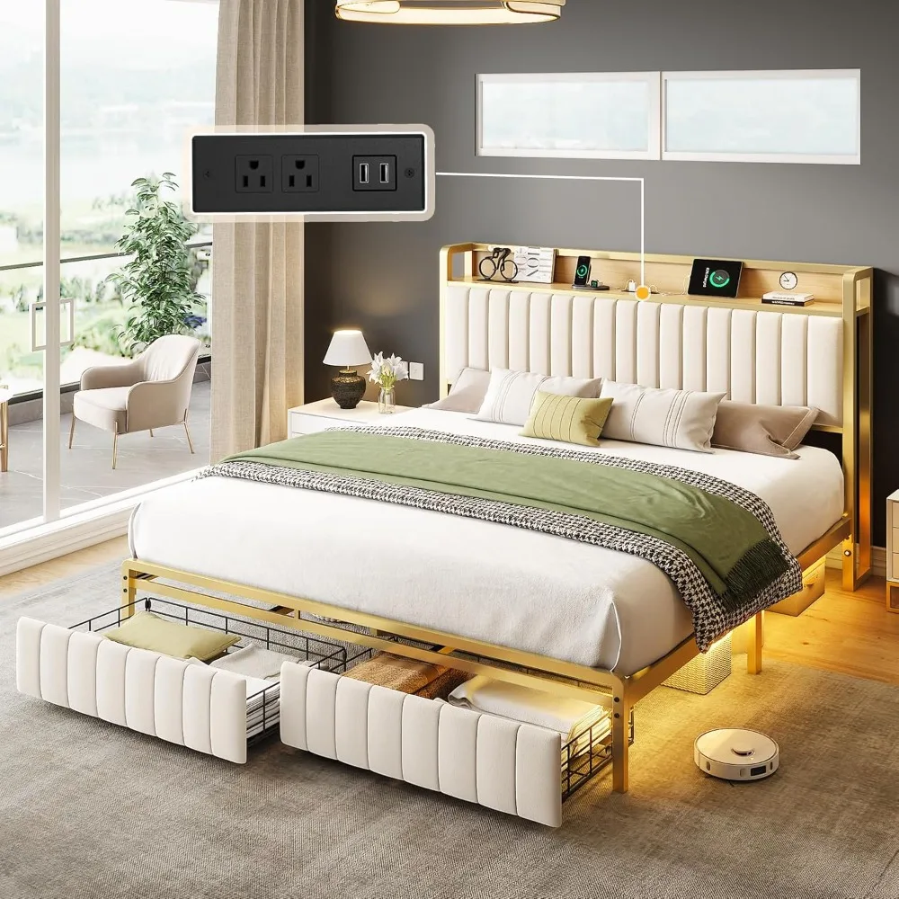 King Size Bed Frame with Motion Activated Light, LED Platform Bed with 2 Drawers and Storage Headboard, Bed Frame