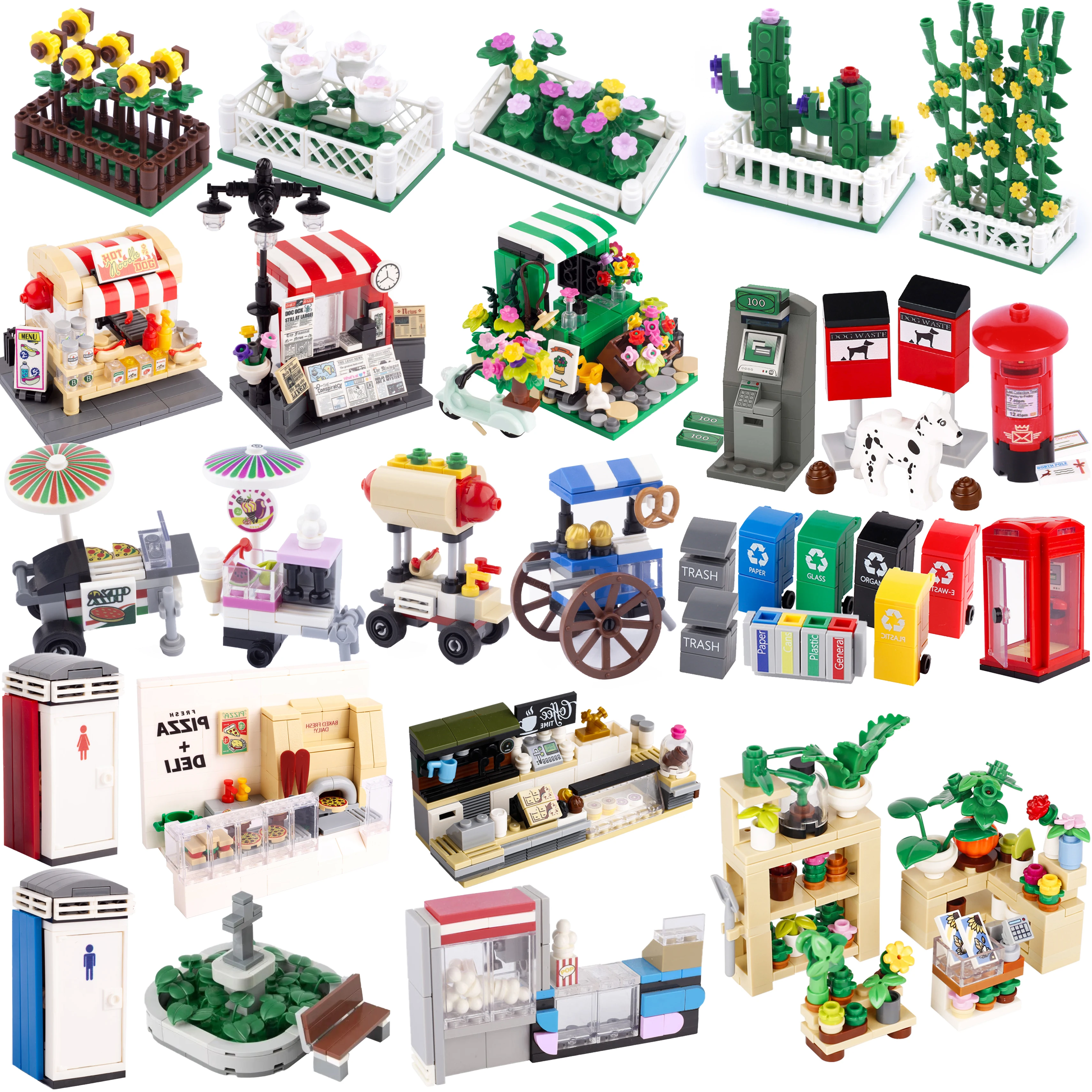 MOC City Steet View Pizza Cart Coffee Shop Newsstand Building Blocks Kit Toilet  Park Flower Bed Pizzeria Trash Can Bricks Toys