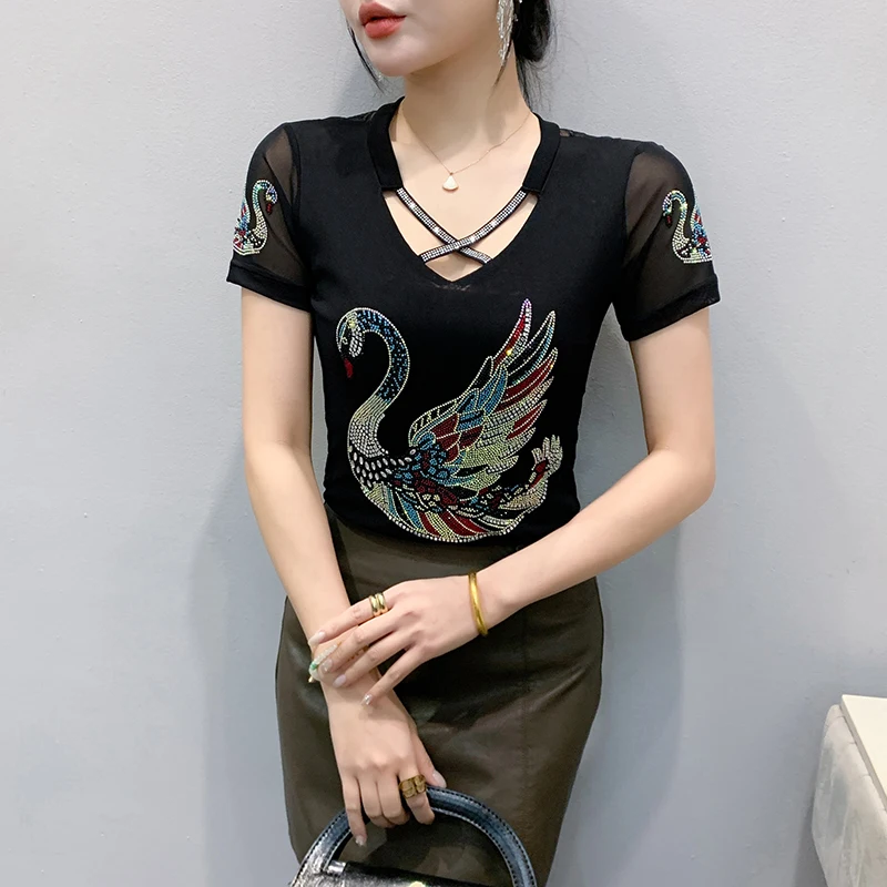 

Black,Korean,Style,T-shirt,Chic,Sexy,V-Neck,Hollow Out,Shiny,Diamonds,Women,Tops,Short Sleeve,Bottoming Shirt,Tees,New,522501
