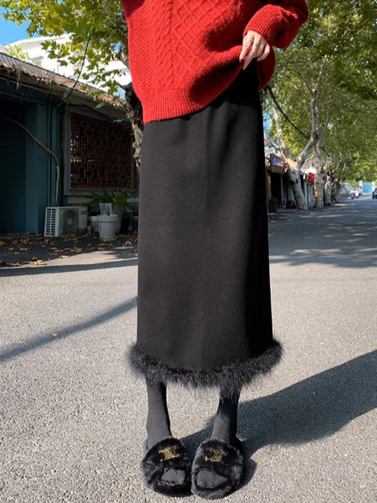 Winter Women's Woolen  Skirt High Waist Slim Straight Cut High Waist Korean Sle Commute Resistant Deformation Casual Skirt