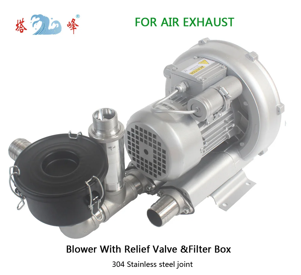 370w triphase small turbo air suck vacuum blower with Relief Valve and dust filter box