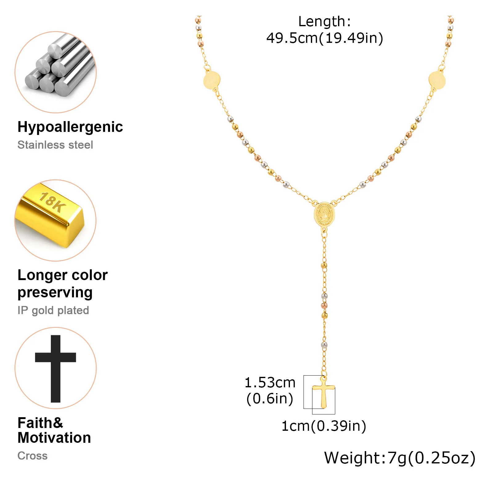 Vnox Stainless Steel Three Color Bead Y-shaped Necklace For Women,Virgin Mary Accessories Cross Pendent Religious Jewelry Gifts - Image 5