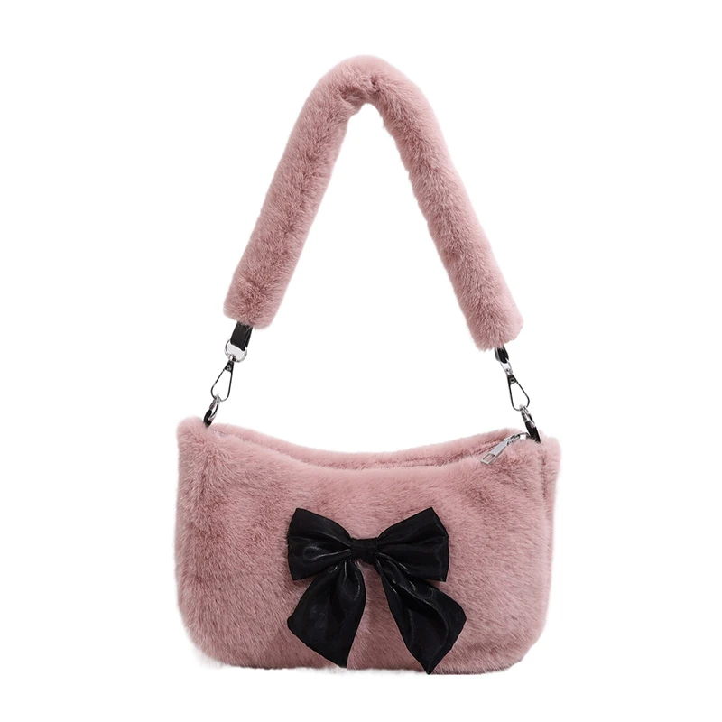 Women's Plush Tote Bag Sweet Bow Knot Designer Luxury Sling Shoulder Crossbody Bag Casual Korean Lightweight Shopper Handbag