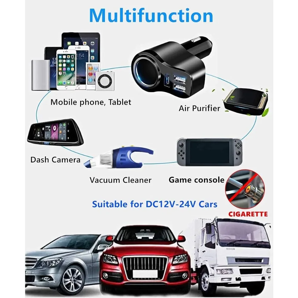 Chargeur de voiture USB C 4 en 1, adaptateur allume-cigare multi-usb 168W, séparateur de prise avec 3 Ports USB, double USB Type C PD 12V/24V