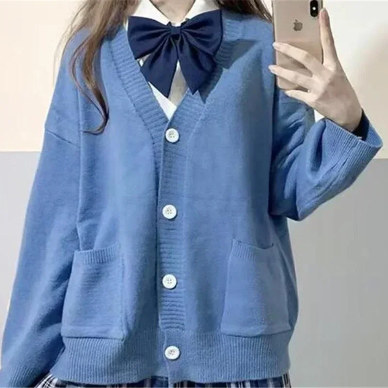 Sweet Fresh College Style Solid V-neck JK Uniform Sweater Jacket Female Button Pocket Loose Lantern Sleeve Knitted Cardigan Top