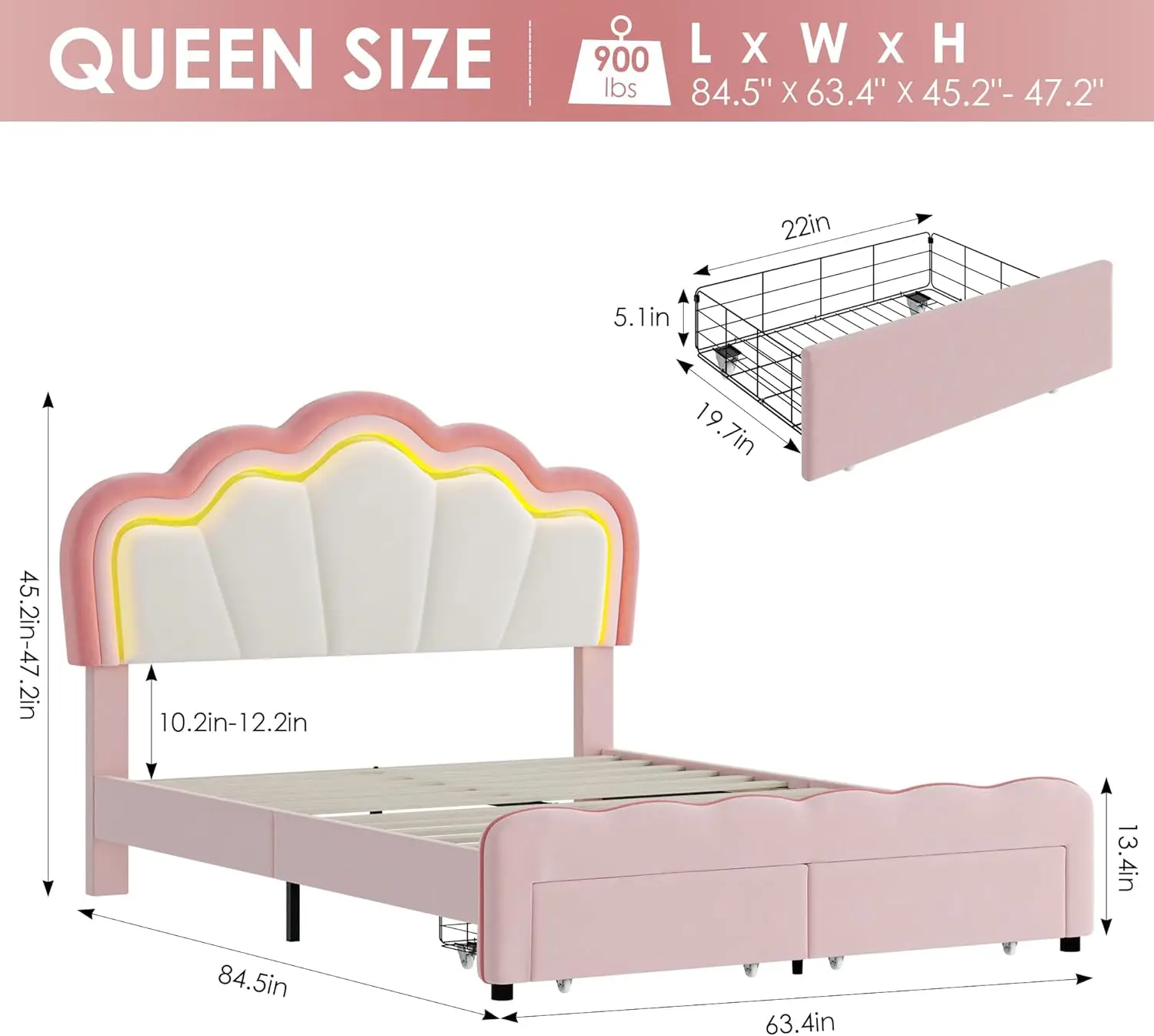 HOSTACK Queen Upholstered LED Bed Frame with Storage Drawers, Cute Girls Bed with Adjustable Lotus Headboard, Velvet Princess