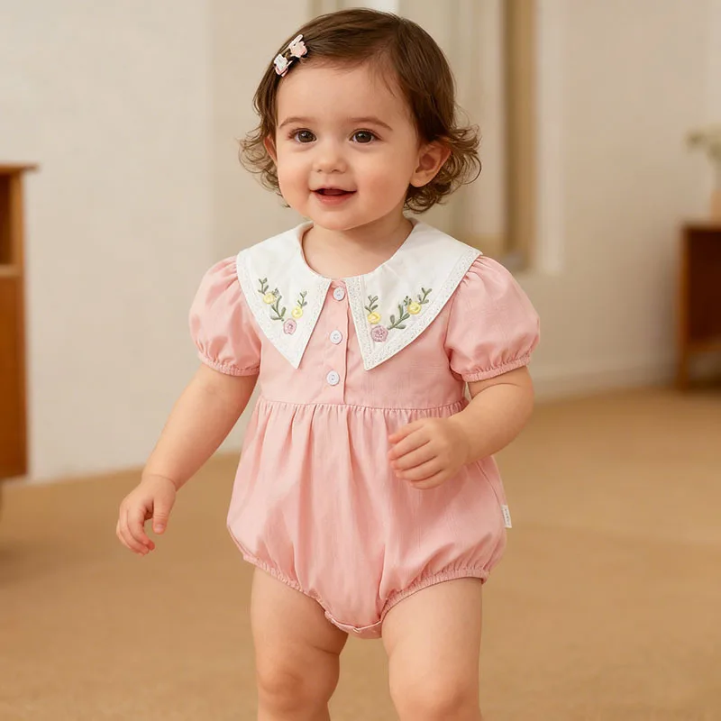 

Летний комбинезон для девочек с вышитым воротником и коротким рукавом, наряд для ползания, сарафан, комбинезон-нагрудник, одежда для младенцев, комбинезоны для девочек