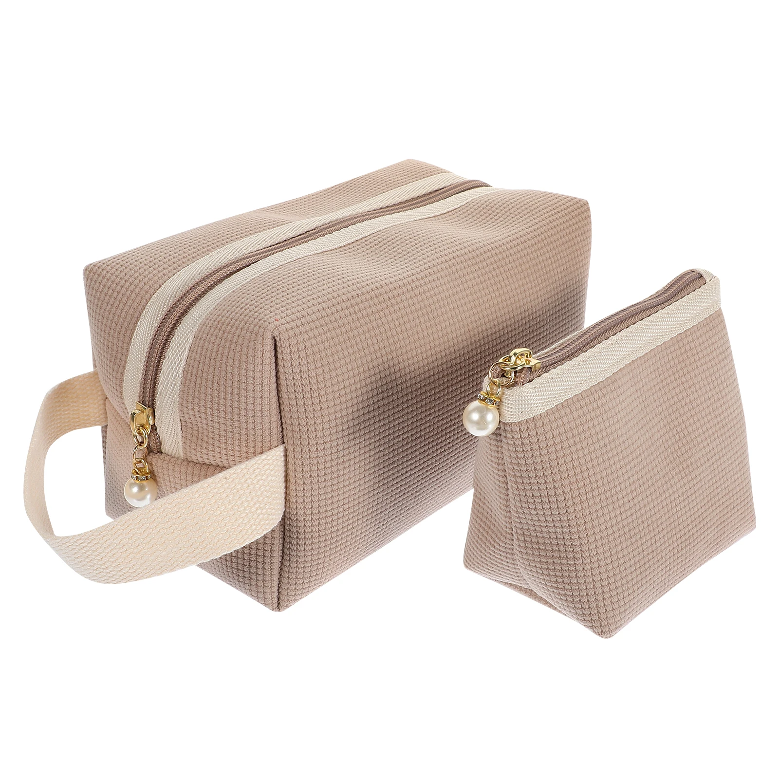 

2 Pcs Corduroy Makeup Bag Shallow Khaki Organizer for Women Travel Toiletry Bag Portable Zipper Pouch Storage