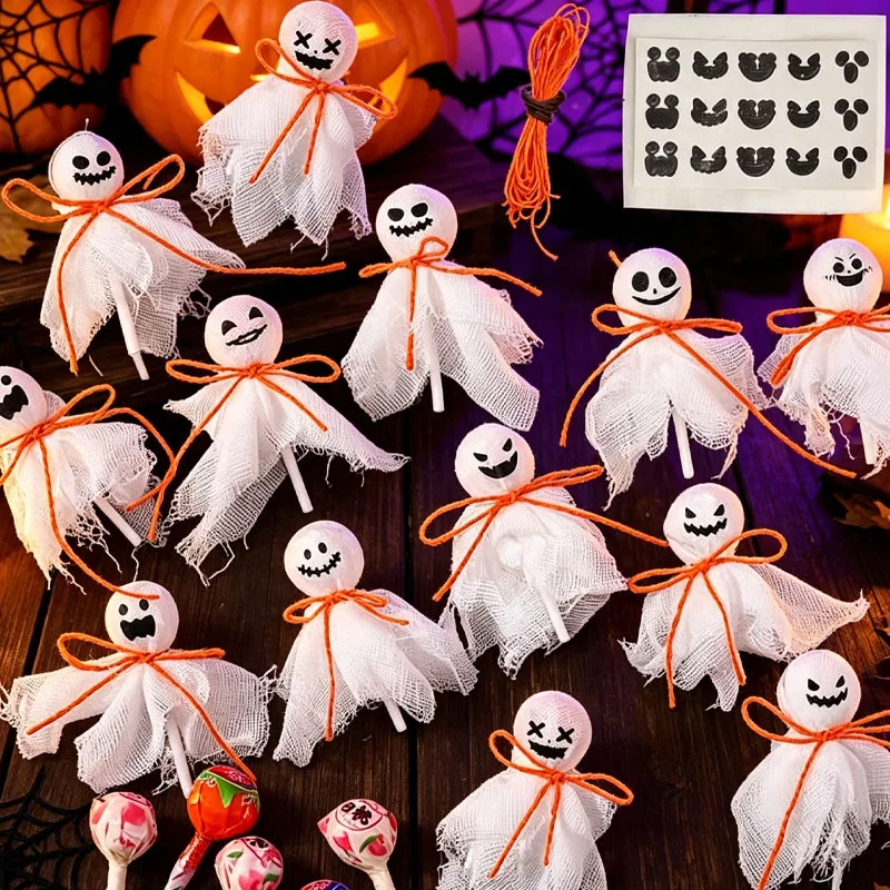 12-72PCS Party Decoration Favors Kit Halloween Ghost Lollipop Wrappers Diy Homemade for Students Birthday Celebration Gifts