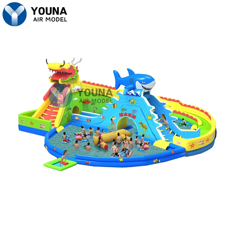 Inflatable Water Slide with Pool, Commercial Tropical Shark and Faucet Slide, Blue Castle Bouncy for Adult Backyard,Summer Party