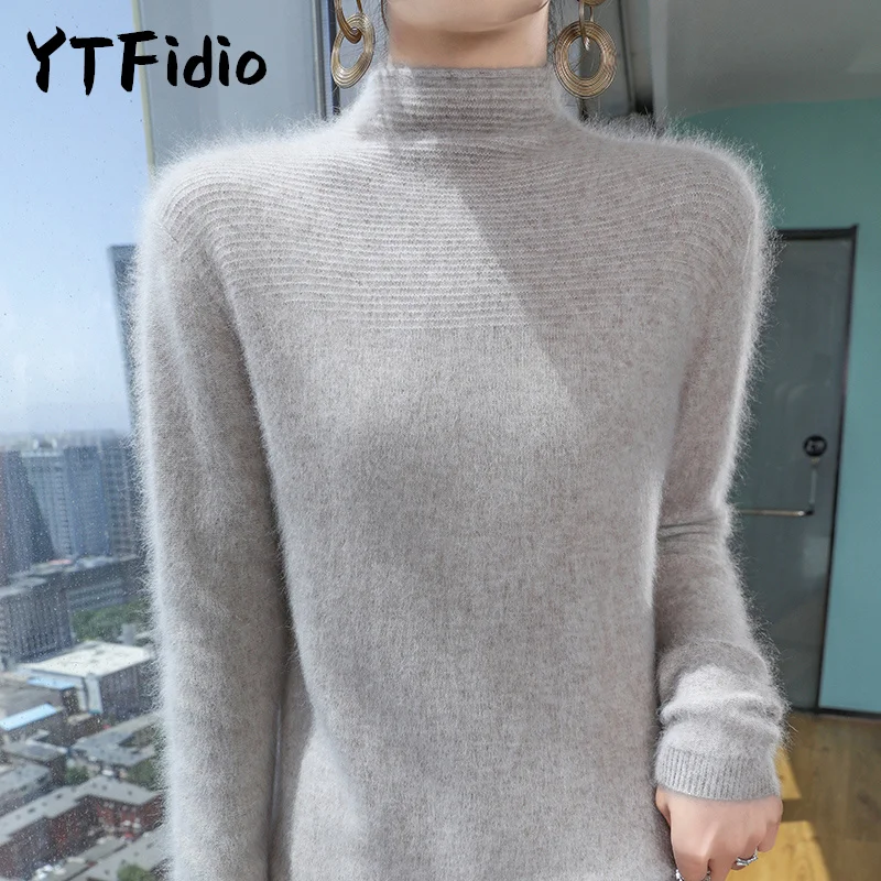 YTFidio Nerz-Kaschmir-Pullover für Damen, Strickwaren, Pullover, dick, halbhoher Kragen, Basis-Tops, Oberbekleidung, gestrickt, übergroß, 147