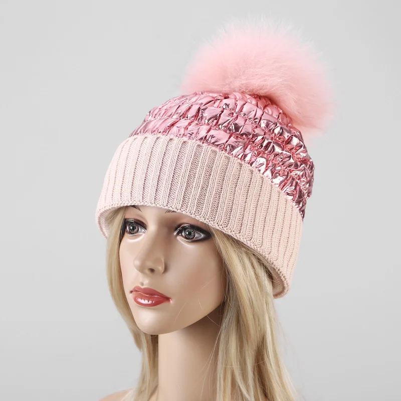 Women hat autumn winter down woolen cap shiny knitted woolen cap hat outdoor double-layer warm winter hat