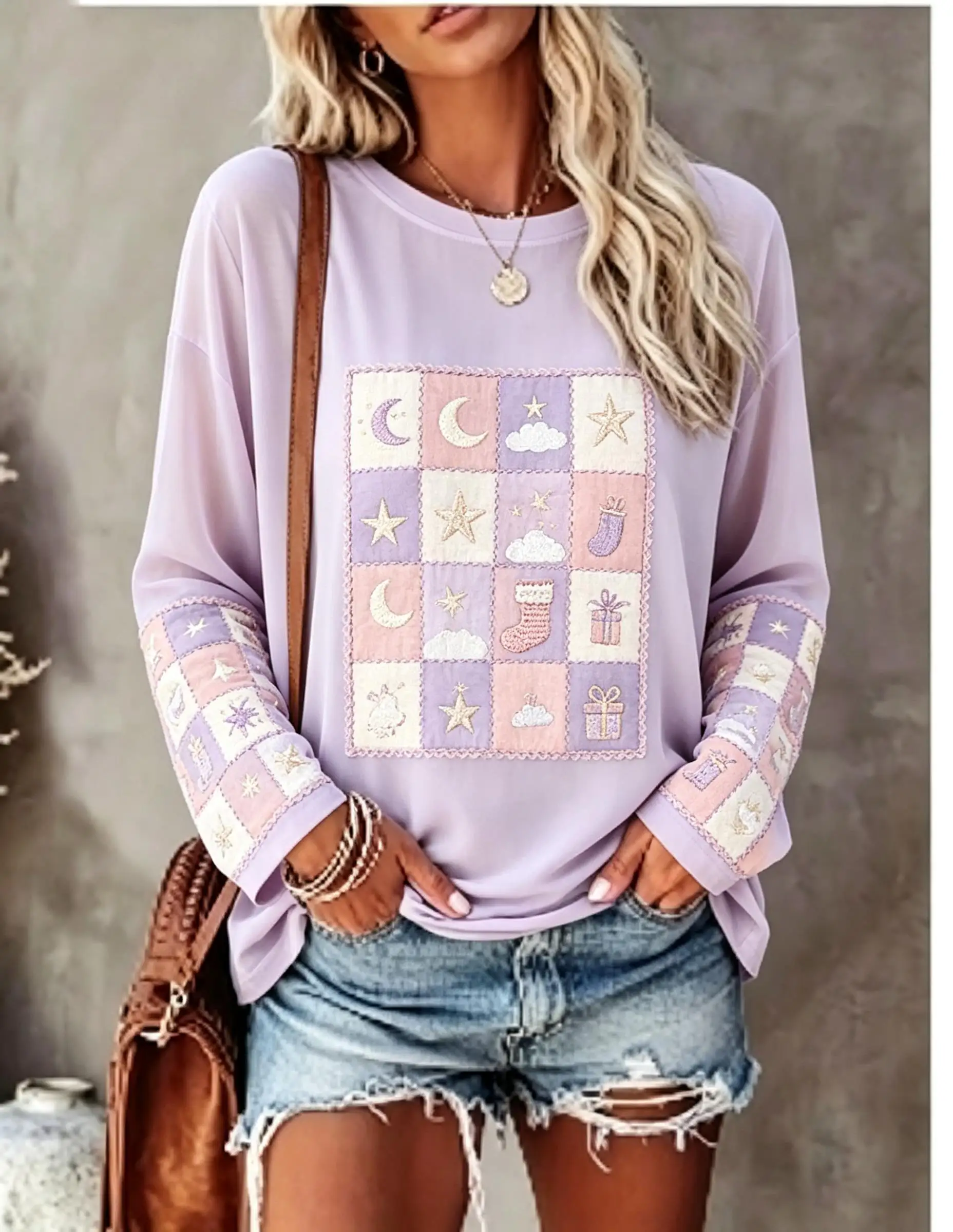 Women Long Sleeve T Shirt Fox Rabbit Patchwork Grid Pinecone Berry Snowflake Print Crew Neck Casual Fall Tops view 5