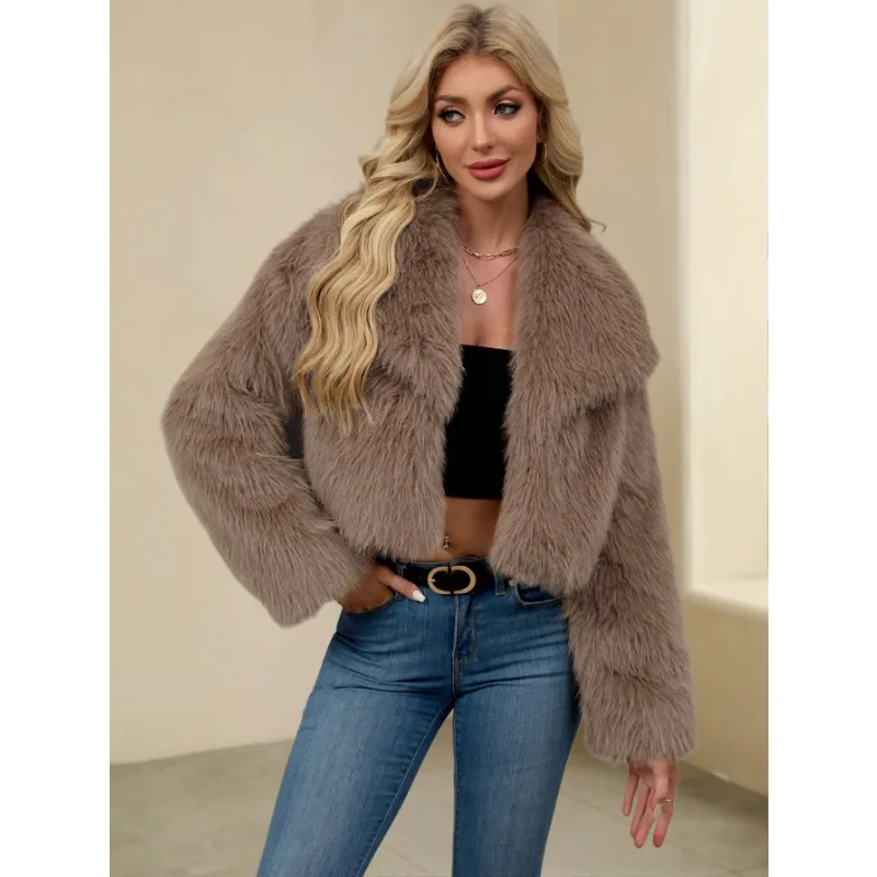 

Осенне-зимние повседневные коричневые женские теплые куртки из искусственного меха, уличная одежда с отложным воротником, рождественские элегантные пальто 2025