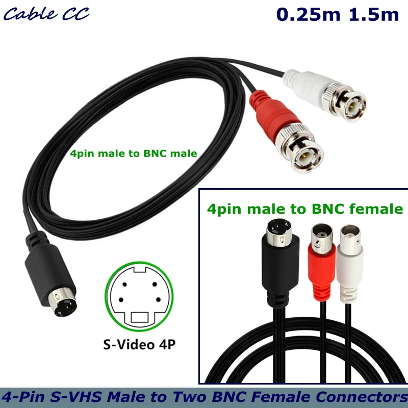 1.5m S-Video Mini DIN 4Pin Male 'Y' Cable MD 4P to 2BNC Male Female Used for Monitoring Systems, TV set-top Boxes, Capture Cards