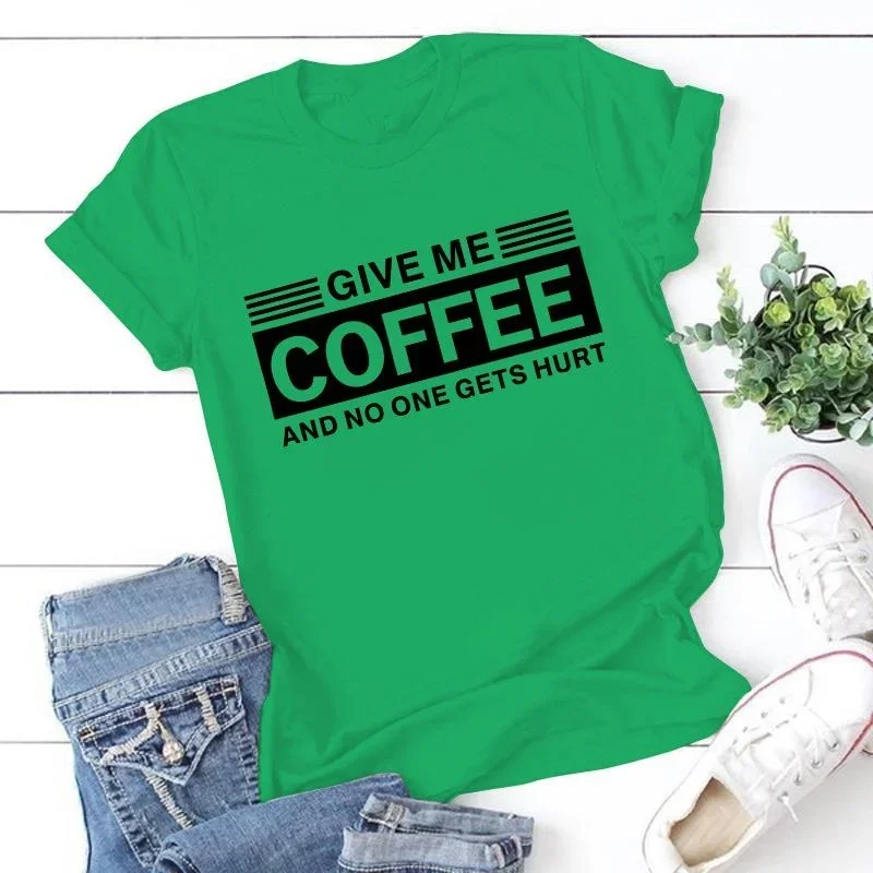 Women Fashion Short Sleeve Tee Shirt Lady Casual Loose New Round Neck T-shirt Top Plus Size Funny \'Give Me Coffee Print T Shirt