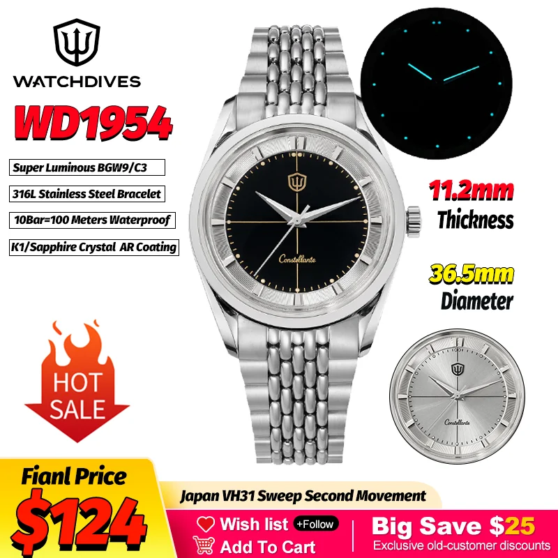 

Watchdives Arctic Classic WD1954 36 мм кварцевые часы мужские VH31 K1 сапфировое зеркало AR покрытие светящиеся водонепроницаемые роскошные часы 10 бар