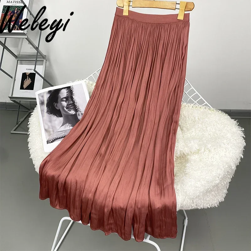 Simulation Silk Acetic Yellow Long Skirt Women's Summer High Waist Thin Pleated A-word Skirt Temperament high waist Long Skirts