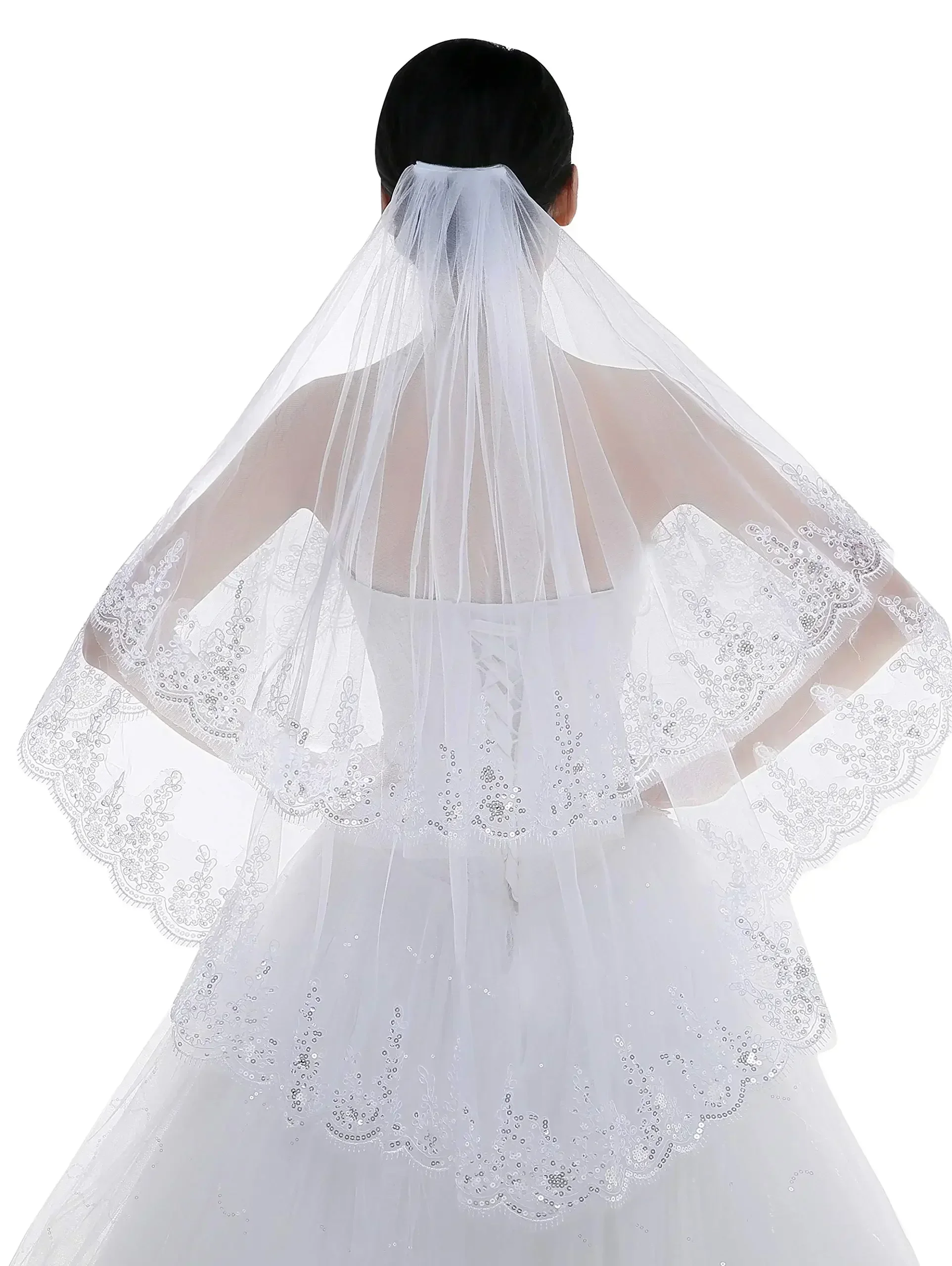 2 Tier Lace Sequins Edge Fingertip Length Bridal Wedding Veil Bride Bridal