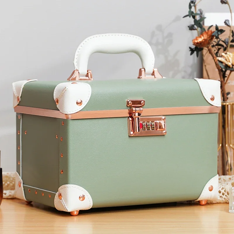 New Portable Vintage Password Makeup Box Storage Large Capacity Double Leather Suitcase Cute Cosmetics Luggage Bag with Mirror