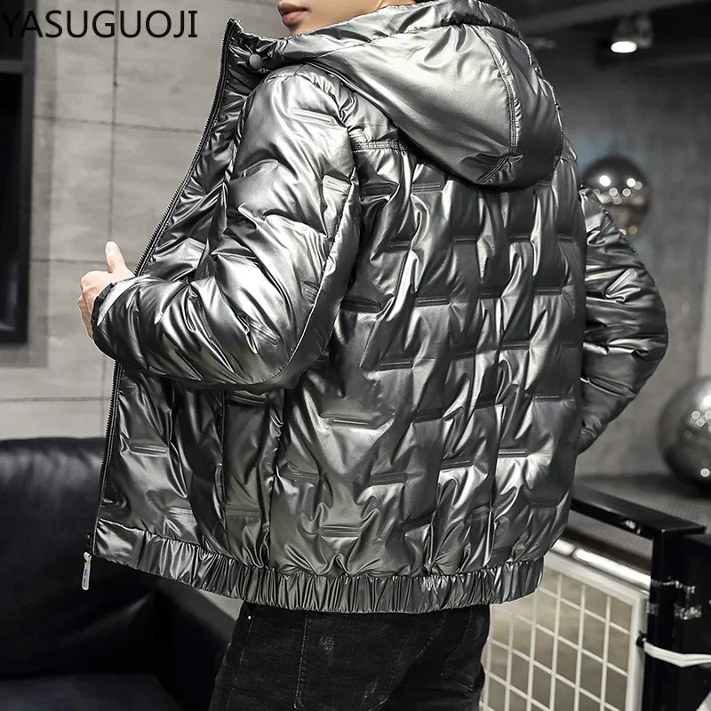 YASUGUOJI Silver Bright Jacket Coat Man Winter Warm Thick White Dunk Down Short Parkas Bread Style Fashion Hooded Jacekts