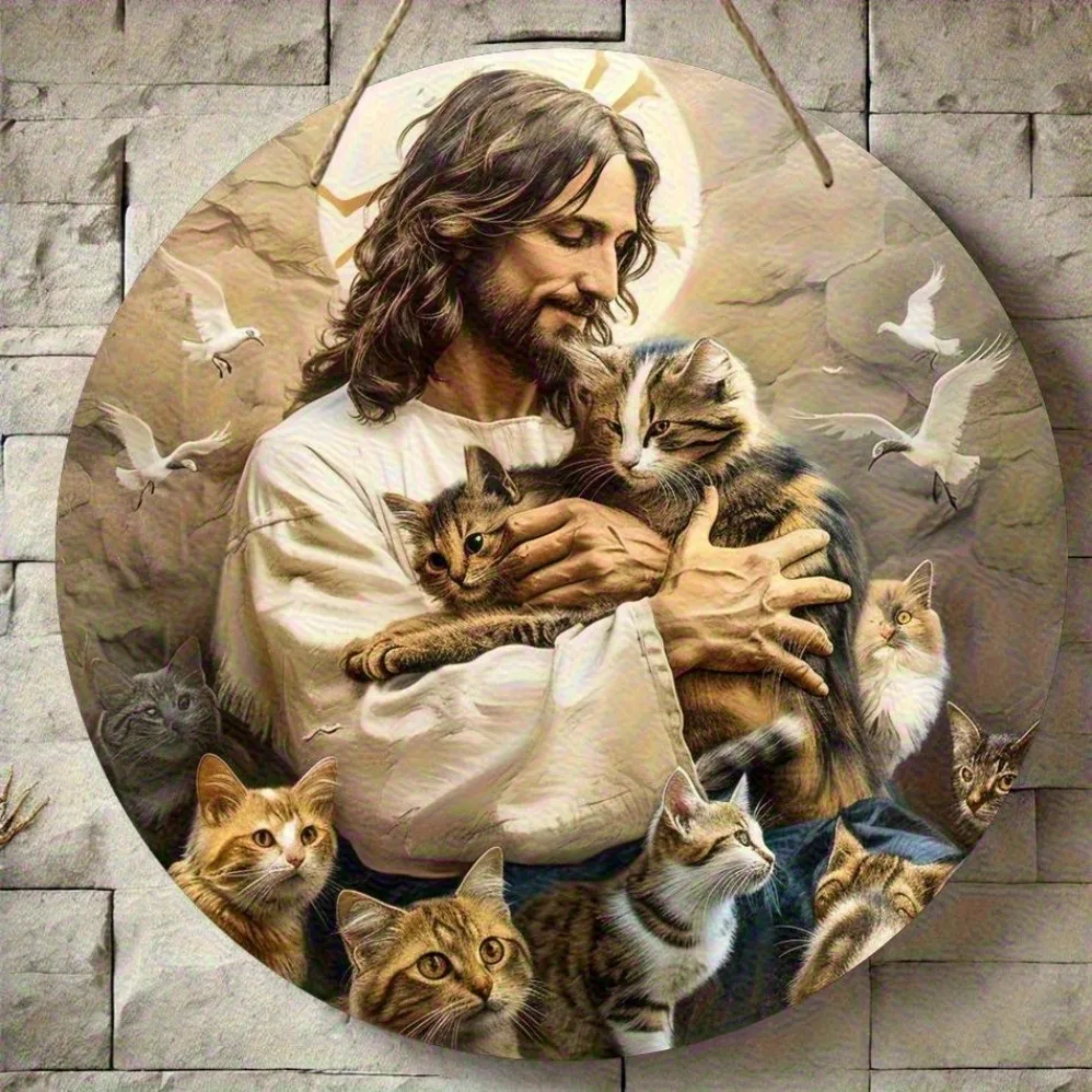 

2D Flat, 1pc Round Wall Art - Vintage Religious Theme with Jesus and Cats, Office, Bar, Kitchen, Coffee Shop Decor, Wall Decor